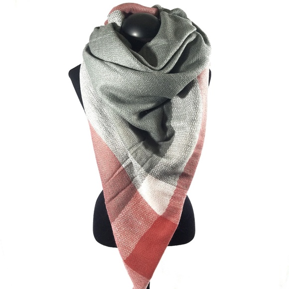 Pink Gray and Cream Soft Plaid Blanket Scarf - Picture 3 of 4